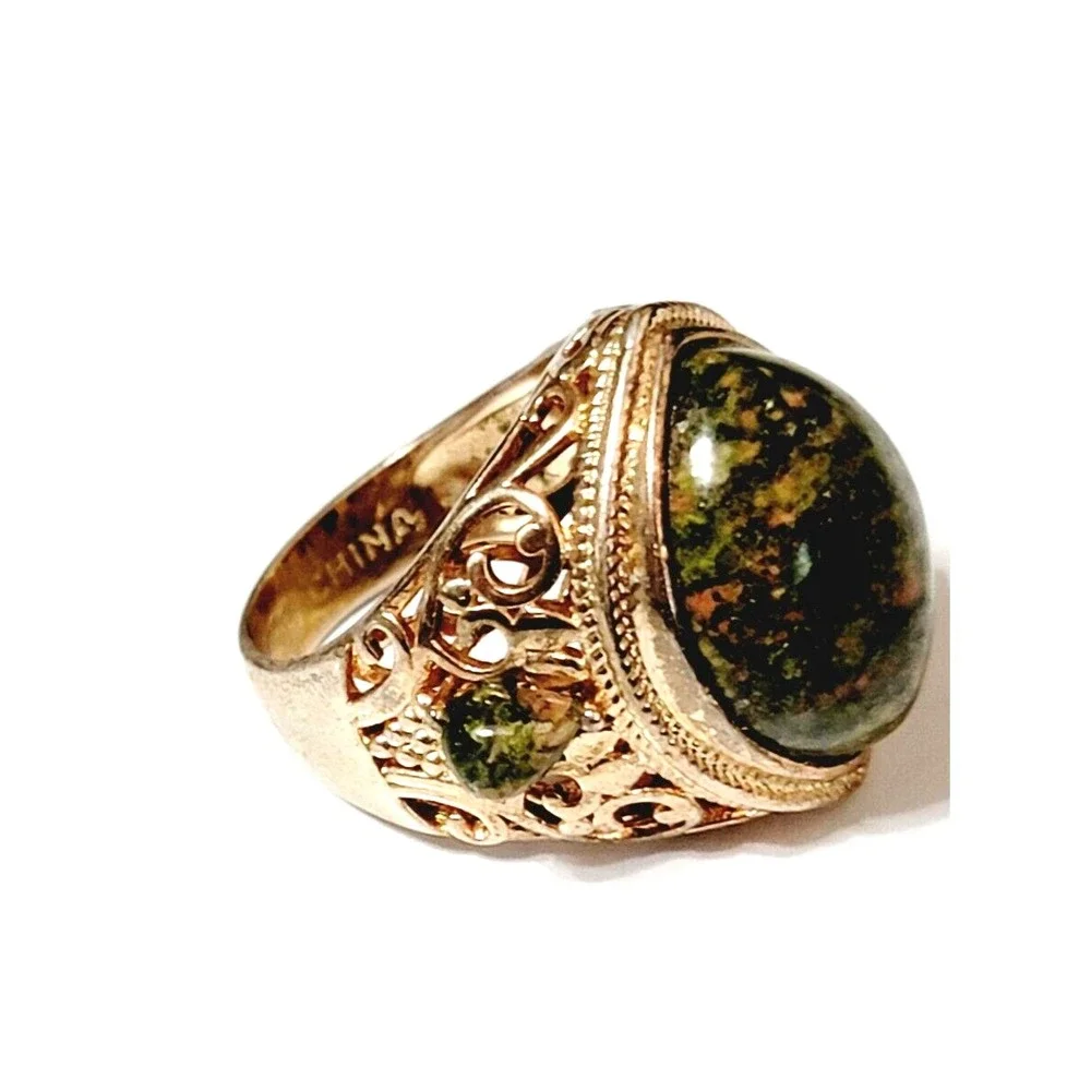 Vintage Rose Gold Green Agate Ornate Mogul Fashion Ring JZ China Size 8